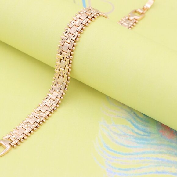 "Rose Gold Textured Link Bracelet with Gold Beaded Border, XPBL0878 - Picture 6 of 12